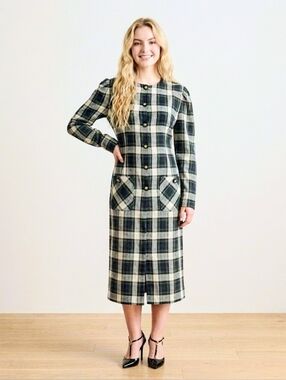 Vintage Leslie Fay 80s Plaid Green Midi Dress Preppy Pockets Long Sleeve Sz 14
